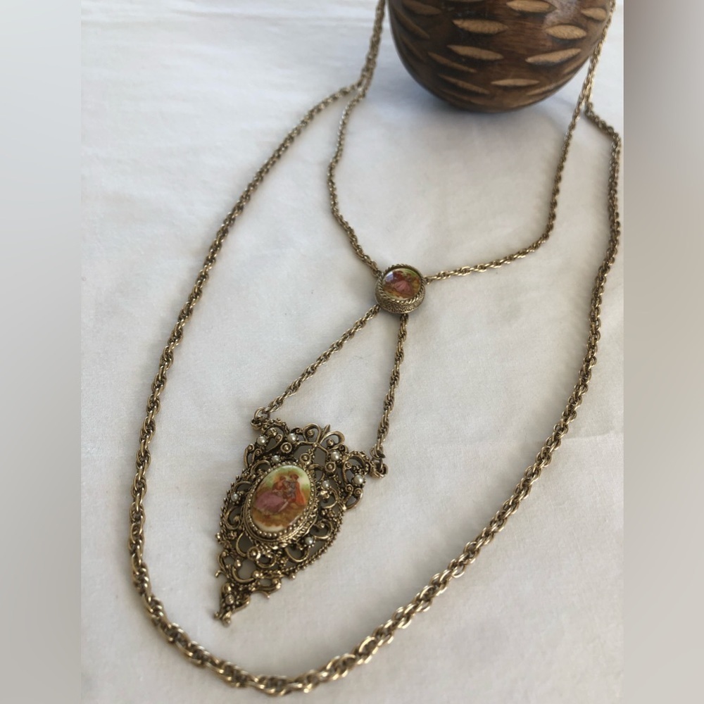 VTG Victorian Revival Courting Couple Porcelain Double Pendant